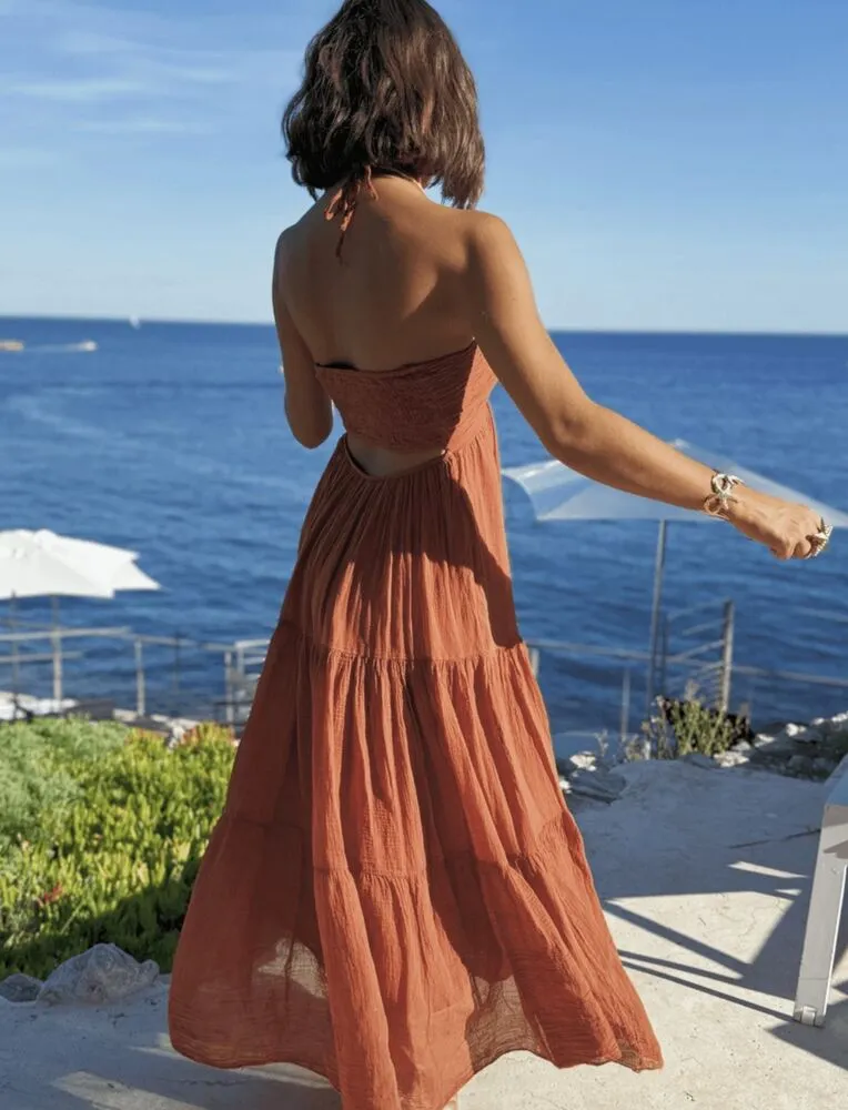 Solara maxi obleka iz bombaža terracotta - slika 4