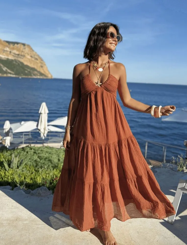 Solara maxi obleka iz bombaža terracotta - slika 5