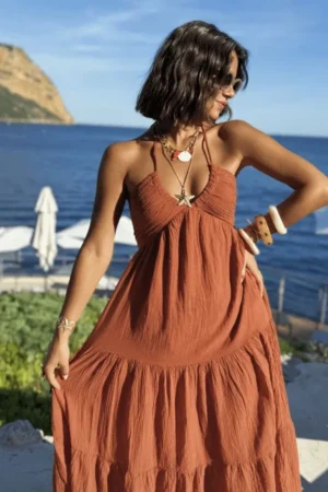 Solara maxi obleka iz bombaža terracotta