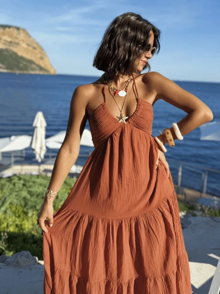 Solara maxi obleka iz bombaža terracotta