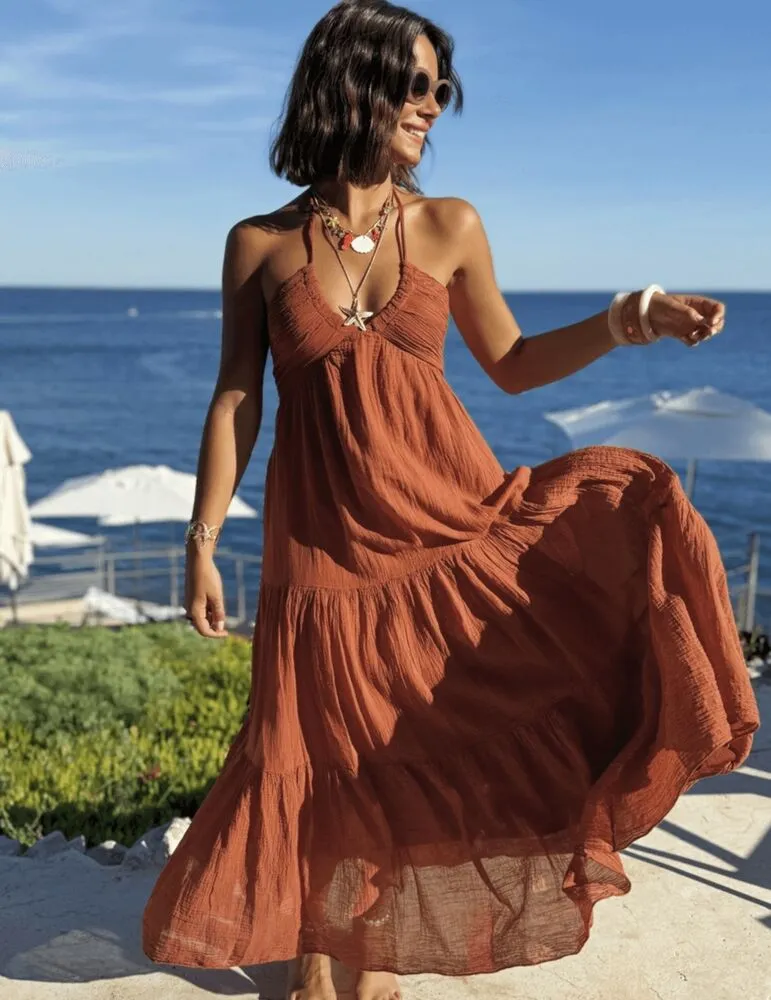 Solara maxi obleka iz bombaža terracotta - slika 2