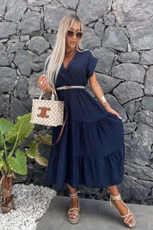 Lanetta obleka s pasom temno modra
