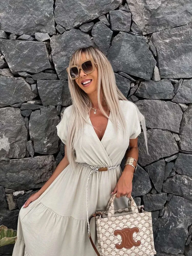 Lanetta obleka s pasom bež - slika 2