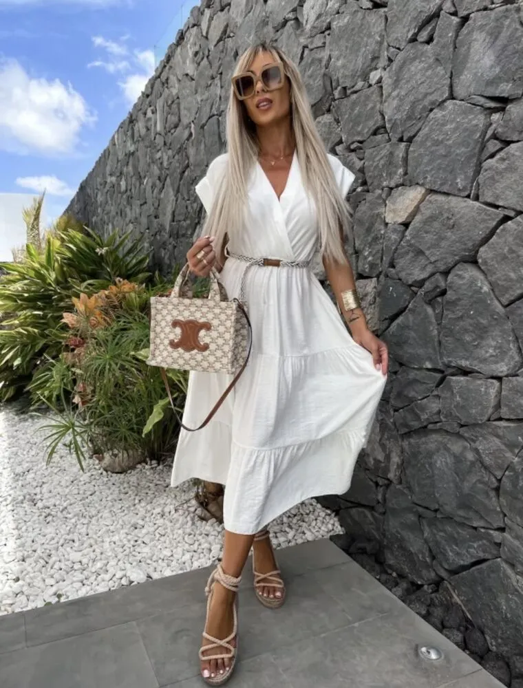 Lanetta obleka s pasom bela - slika 2