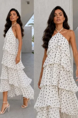 Carmella polkadot obleka cream
