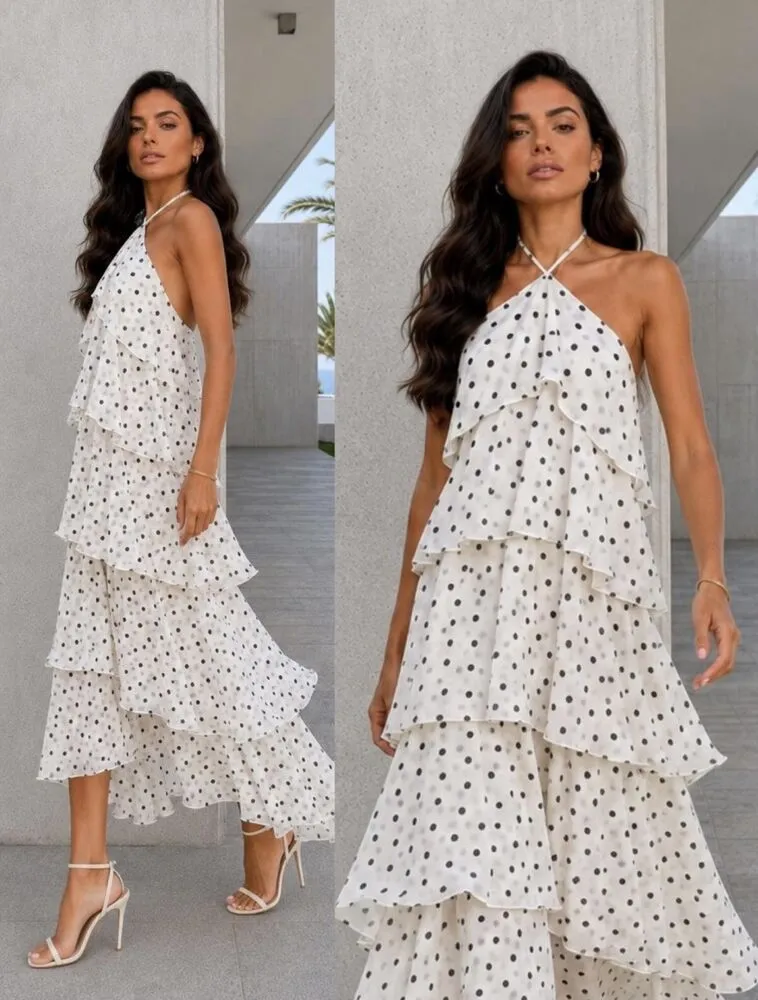 Carmella polkadot obleka cream