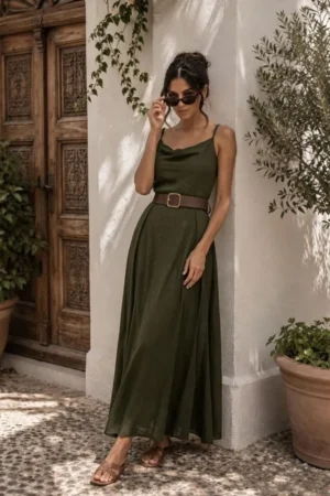 Moana obleka s pasom olivna