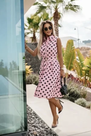 Naia polkadot obleka s pasom roza