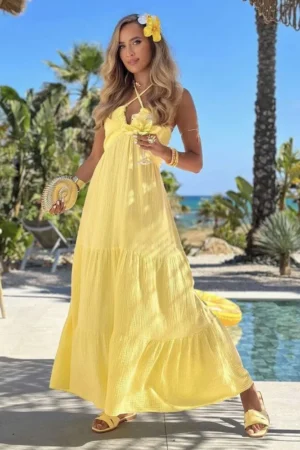 Solara maxi obleka iz bombaža rumena