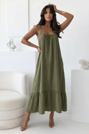 Luciana maxi obleka iz bombaža olivna