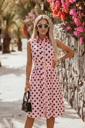 Naia polkadot obleka s pasom roza
