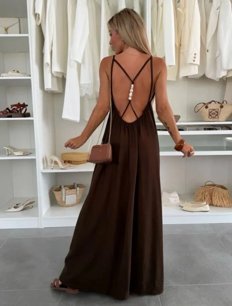 Pearl back maxi obleka iz viskoze rjava - slika 2