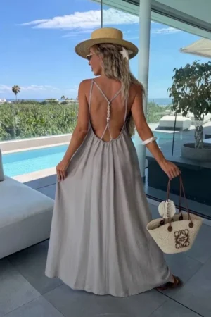 Pearl back maxi obleka iz viskoze mocca