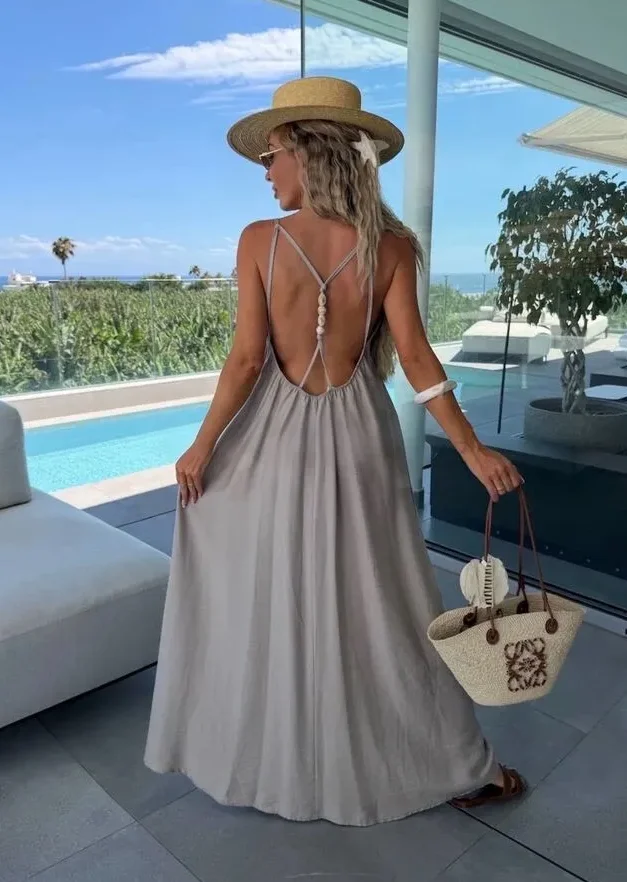 Pearl back maxi obleka iz viskoze mocca