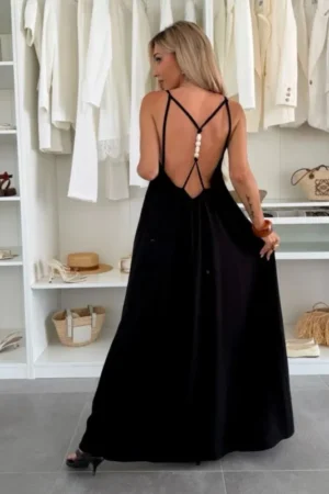 Pearl back maxi obleka iz viskoze črna