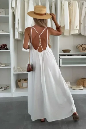 Pearl back maxi obleka iz viskoze bela