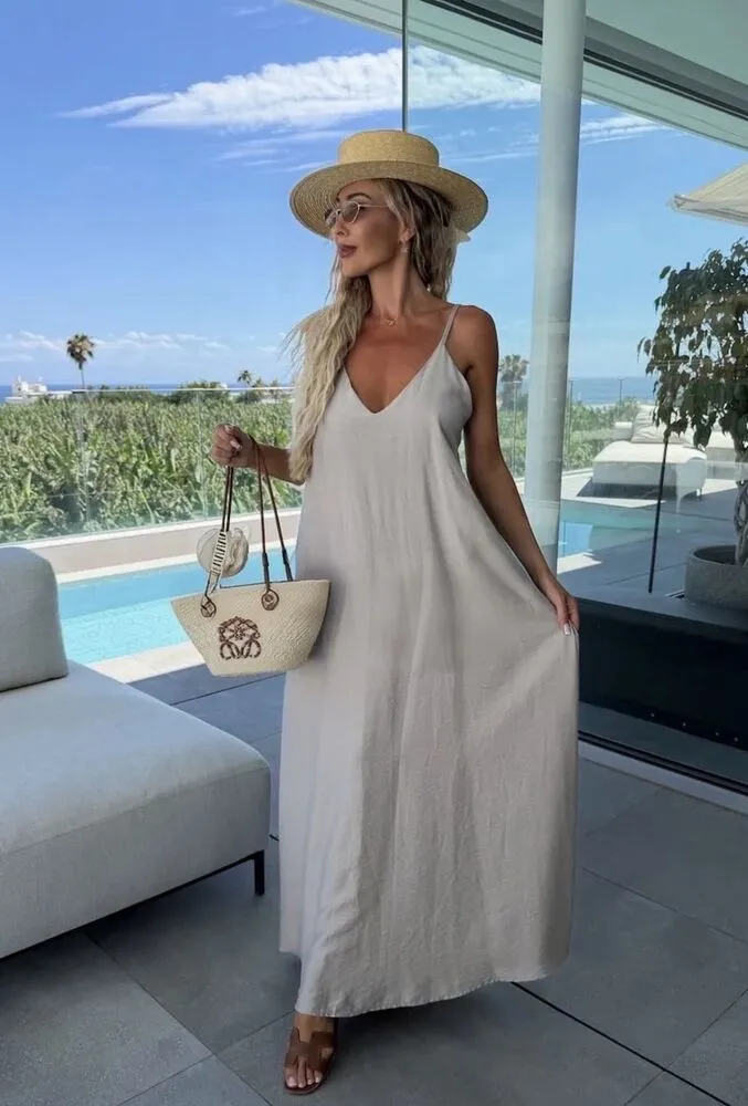 Pearl back maxi obleka iz viskoze mocca - slika 3