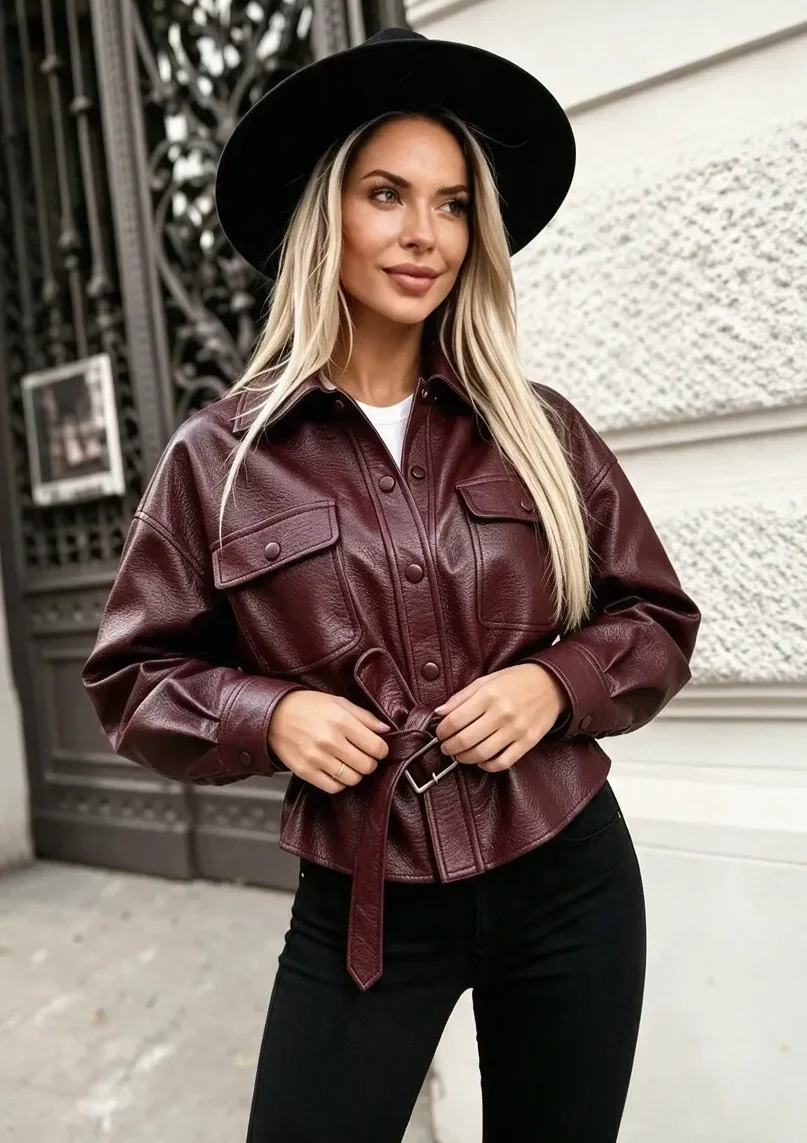 Camellia usnjena jakna bordo