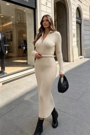 Belinda obleka s pasom bež