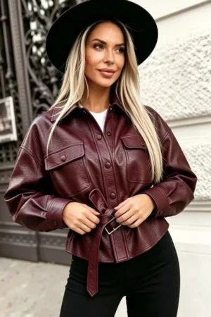 Camellia usnjena jakna bordo