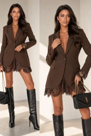 Tansy blazer s čipko rjav