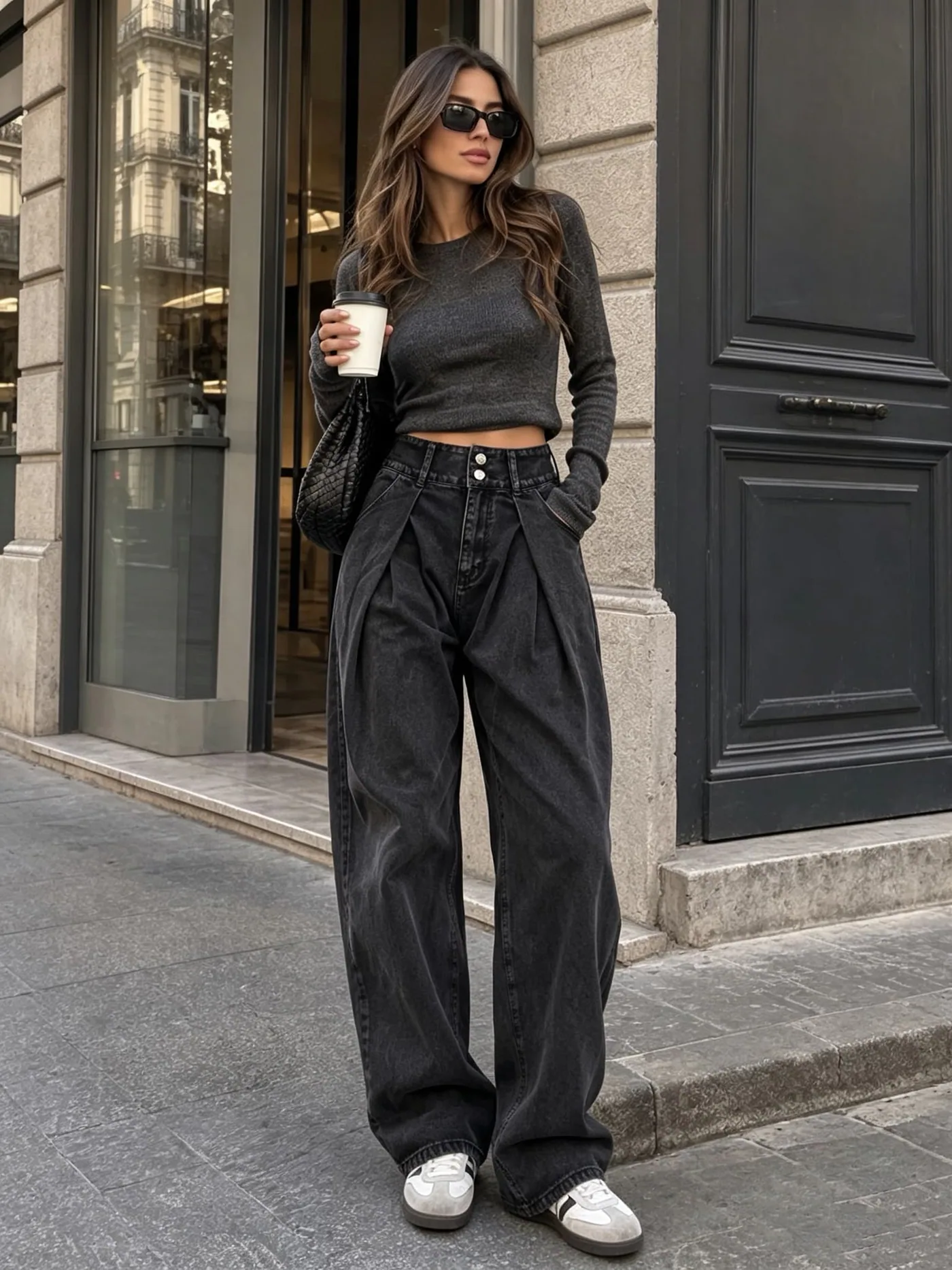 Lilou wide leg jeans hlače antracit