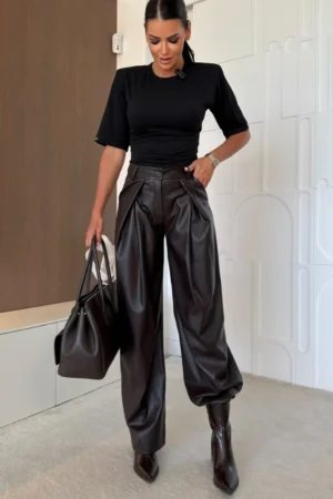 Bastian wide leg hlače rjave
