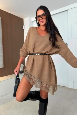 Odette pulover s čipko camel