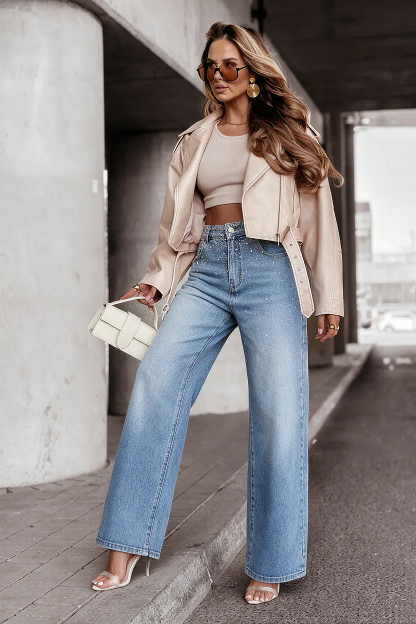 Aven wide leg jeans hlače z diamantki - slika 3