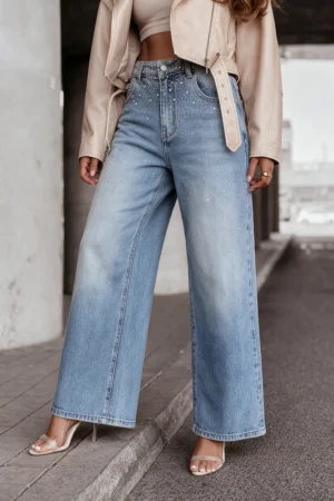 Aven wide leg jeans hlače z diamantki