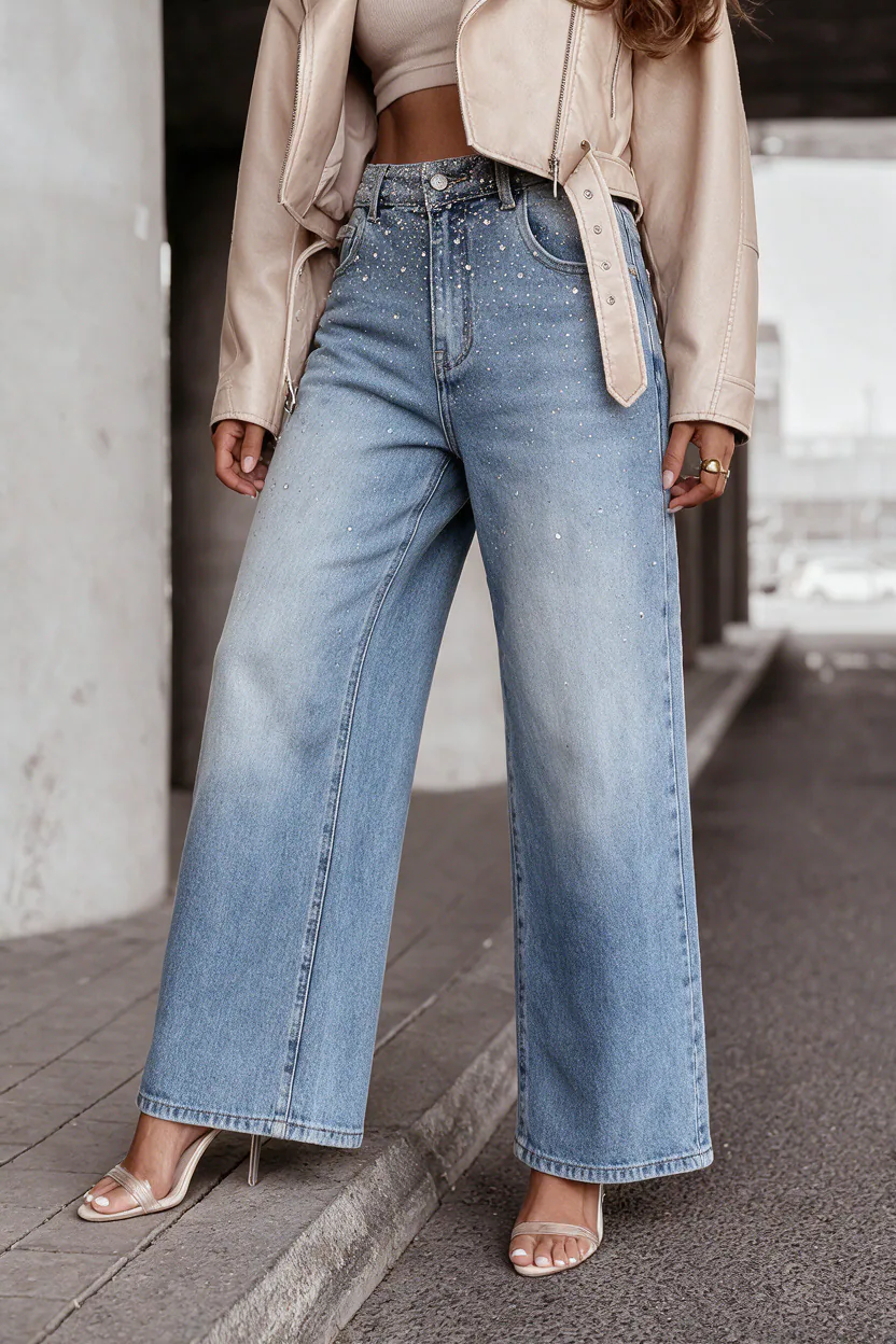 Aven wide leg jeans hlače z diamantki